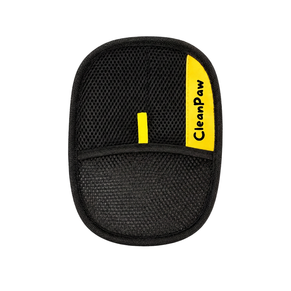 Rückseite des CleanPaw Tierhaar-Entferners mit schwarzer Handtasche und gelbem Logo